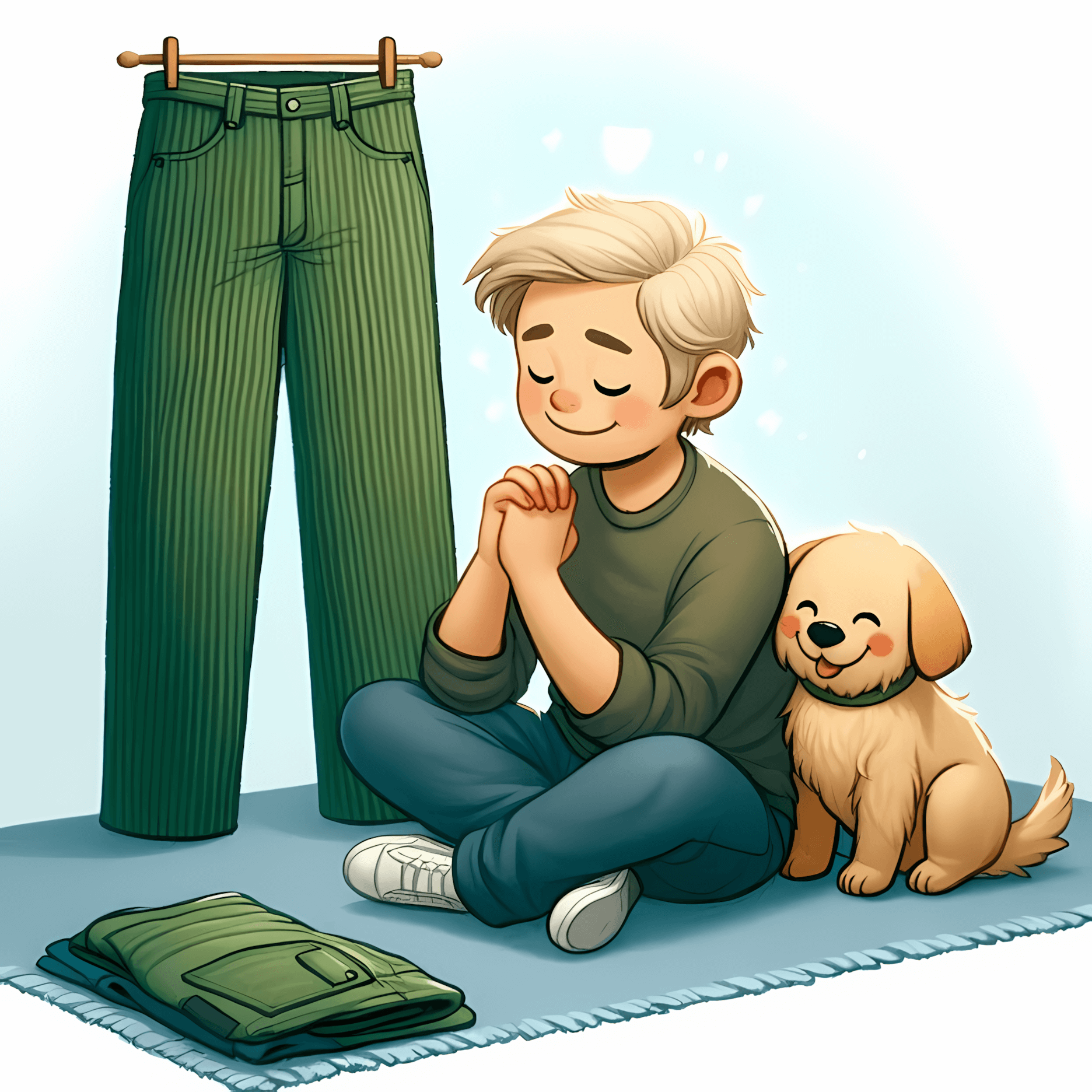 Leo sitting peacefully with his dog Buddy beside him, feeling strong and happy. He is not wearing his Green Corduroy Pants, which are folded nearby.