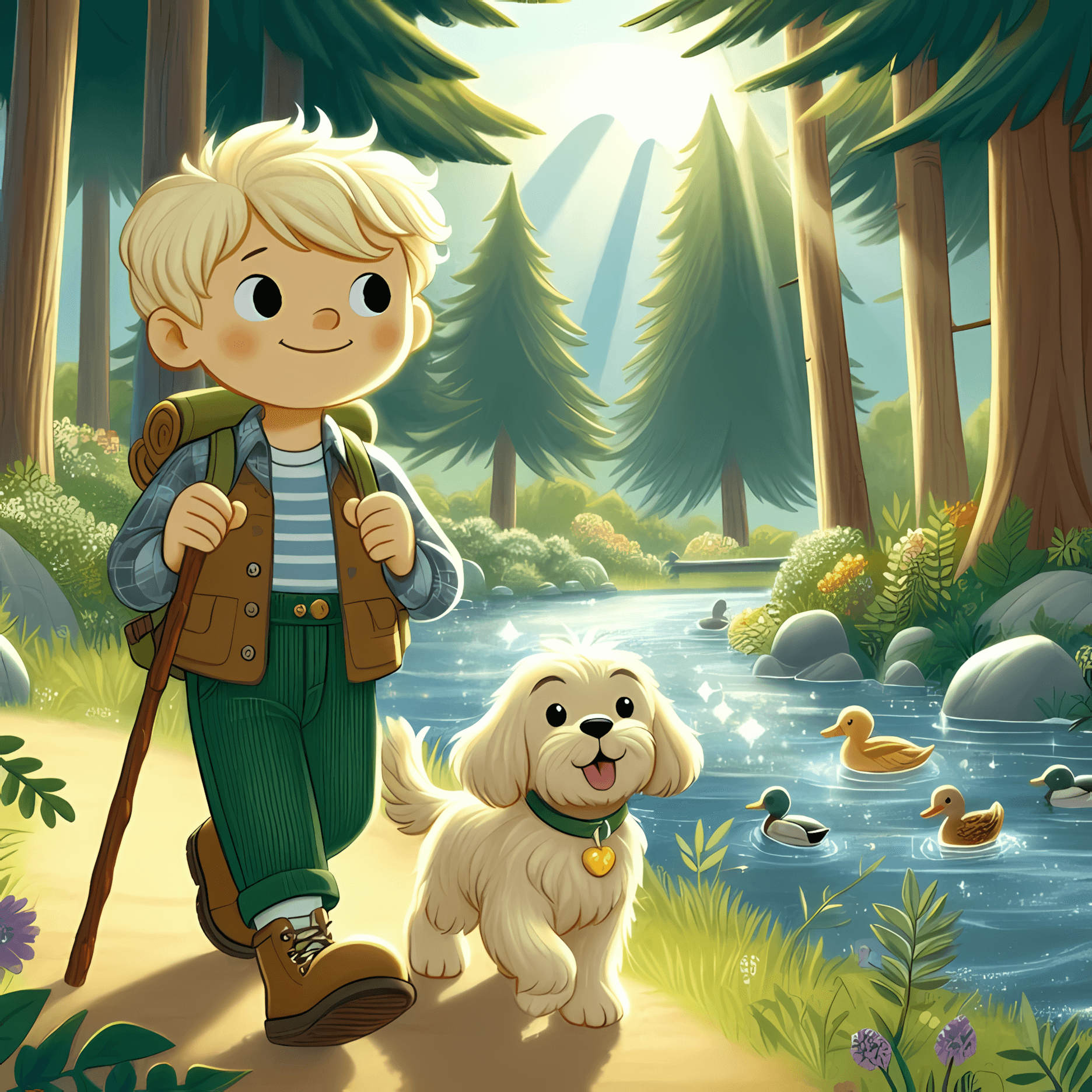 Leo and Buddy exploring the sunlit forest with towering trees and a sparkling creek in the background. Leo wears his Green Corduroy Pants, and Buddy dog happily explores beside him.