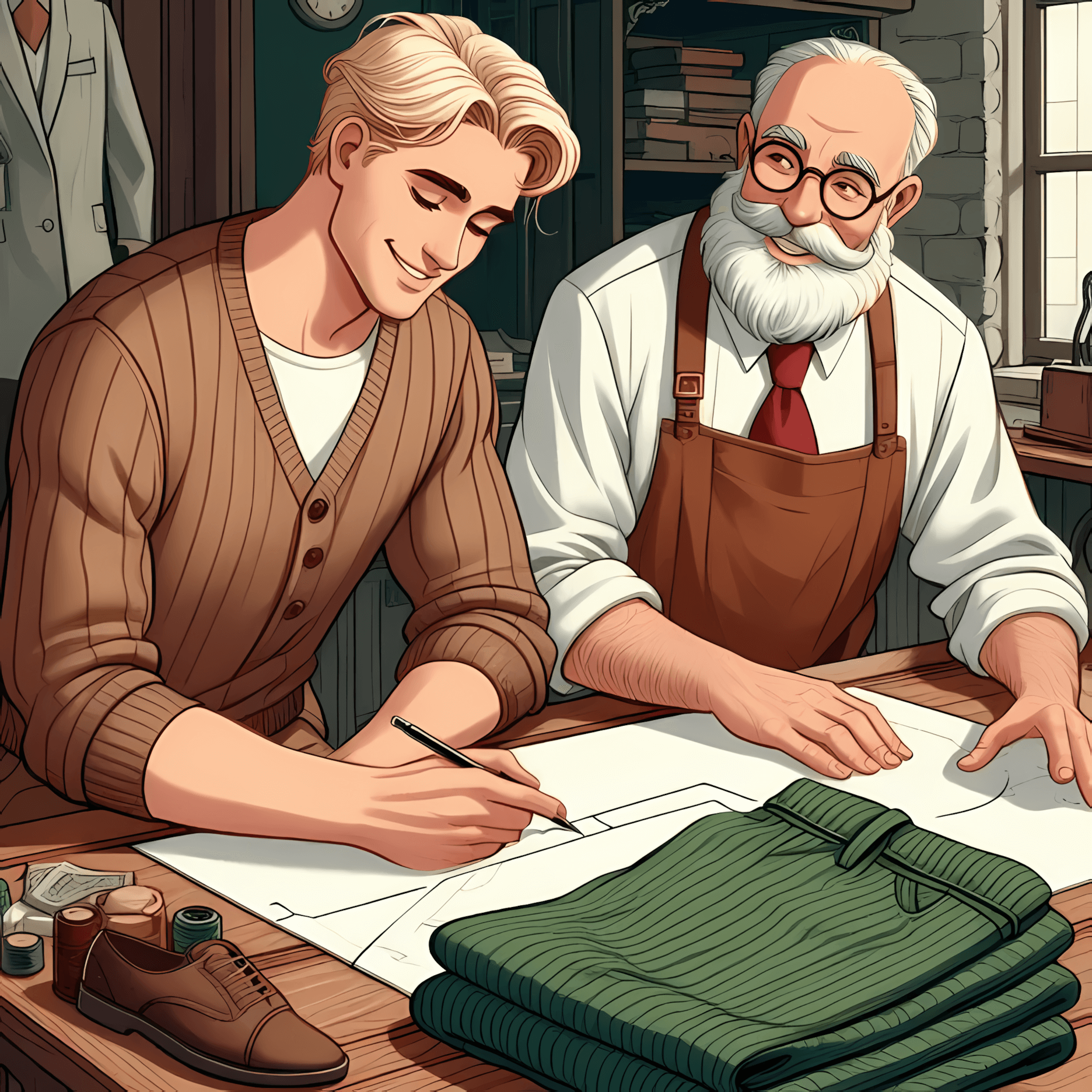 Leo at the tailor shop, sketching the design for the three-piece suit with a smiling tailor. The Green Corduroy Pants are folded on the workshop table.