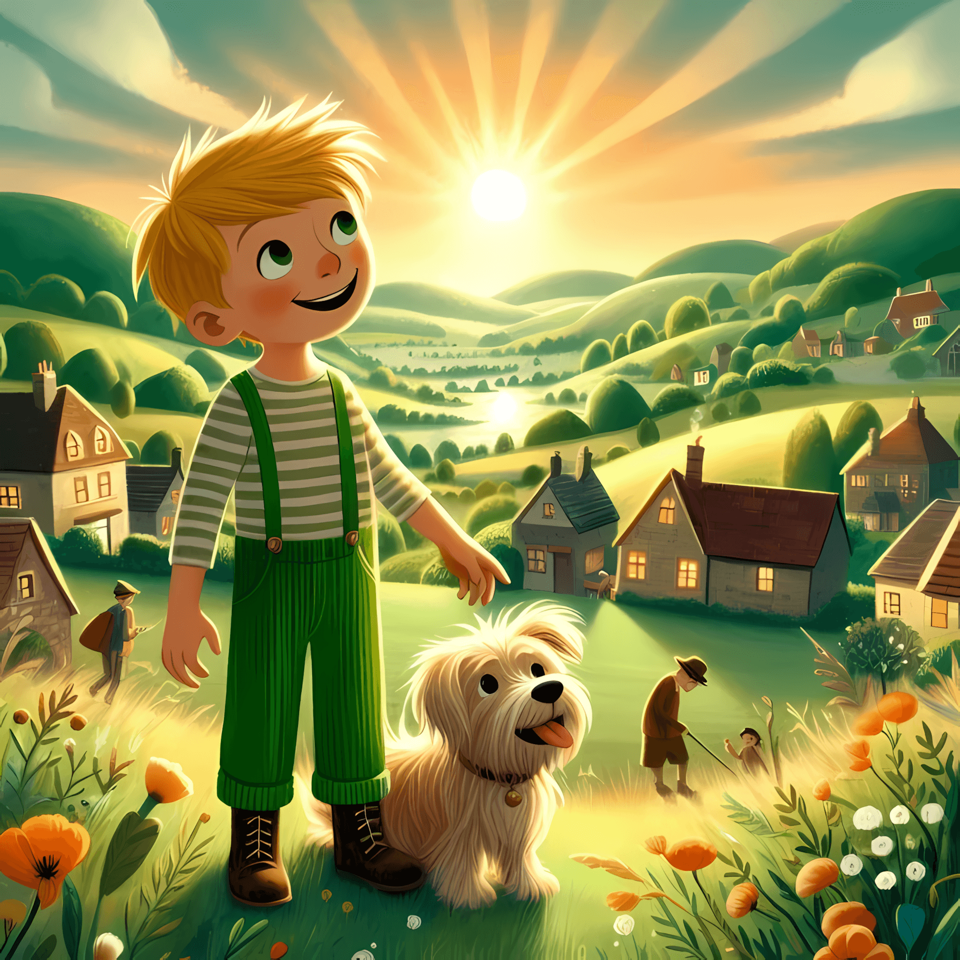 Leo stands with his loyal dog, Buddy, beside him. Leo wears bright Green Corduroy Pants that shimmer with magic. His joyful face looks towards the sunrise, promising a new day. Buddy wags his tail, capturing their playful adventures. Around them, Leo's world unfolds with a quaint bakery, colorful houses, and towering trees.