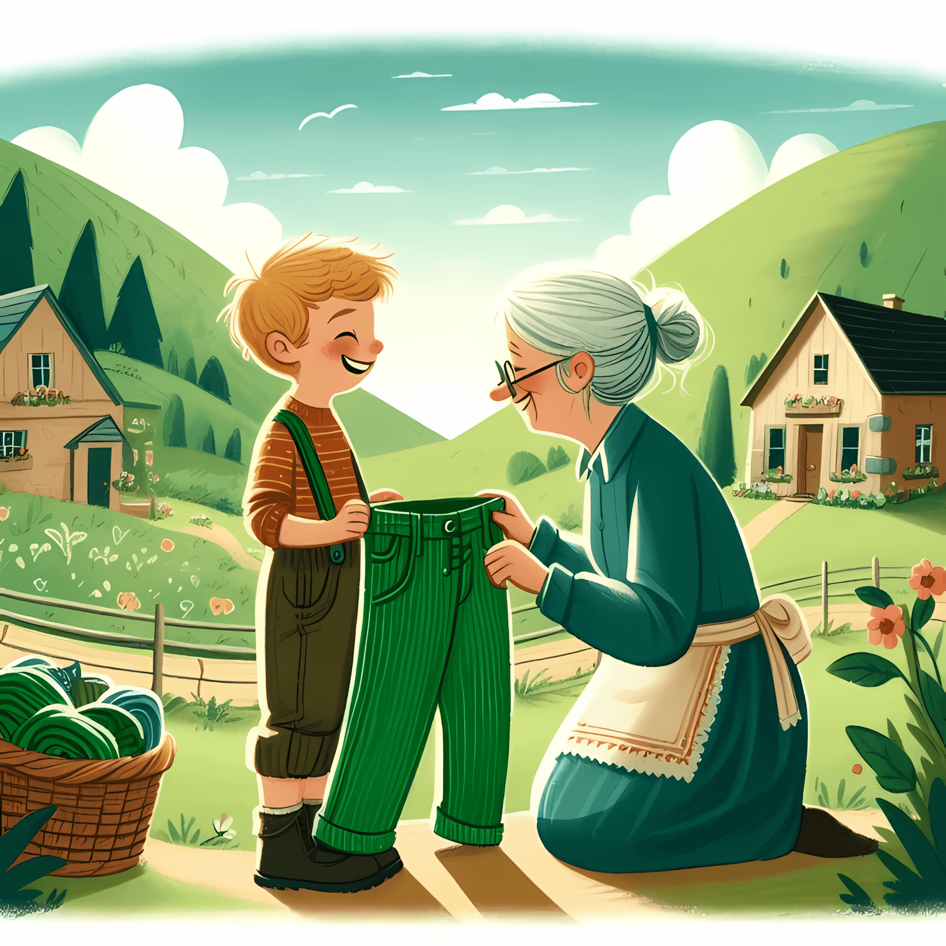 Leo receiving the Green Corduroy Pants from his grandmother, both smiling warmly.