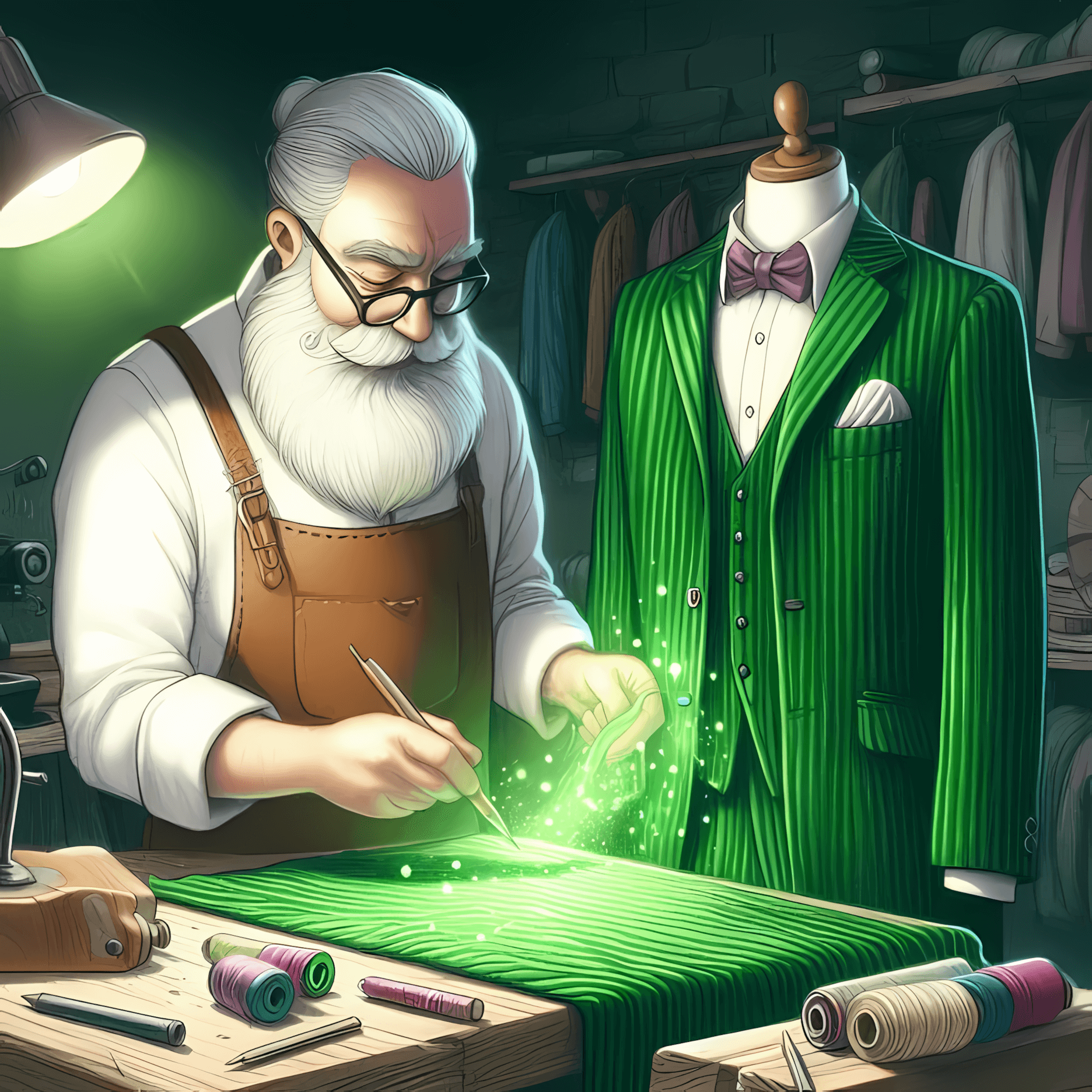 The tailor meticulously crafting the new green corduroy suit, the deep, vibrant fabric glowing under the workshop light.