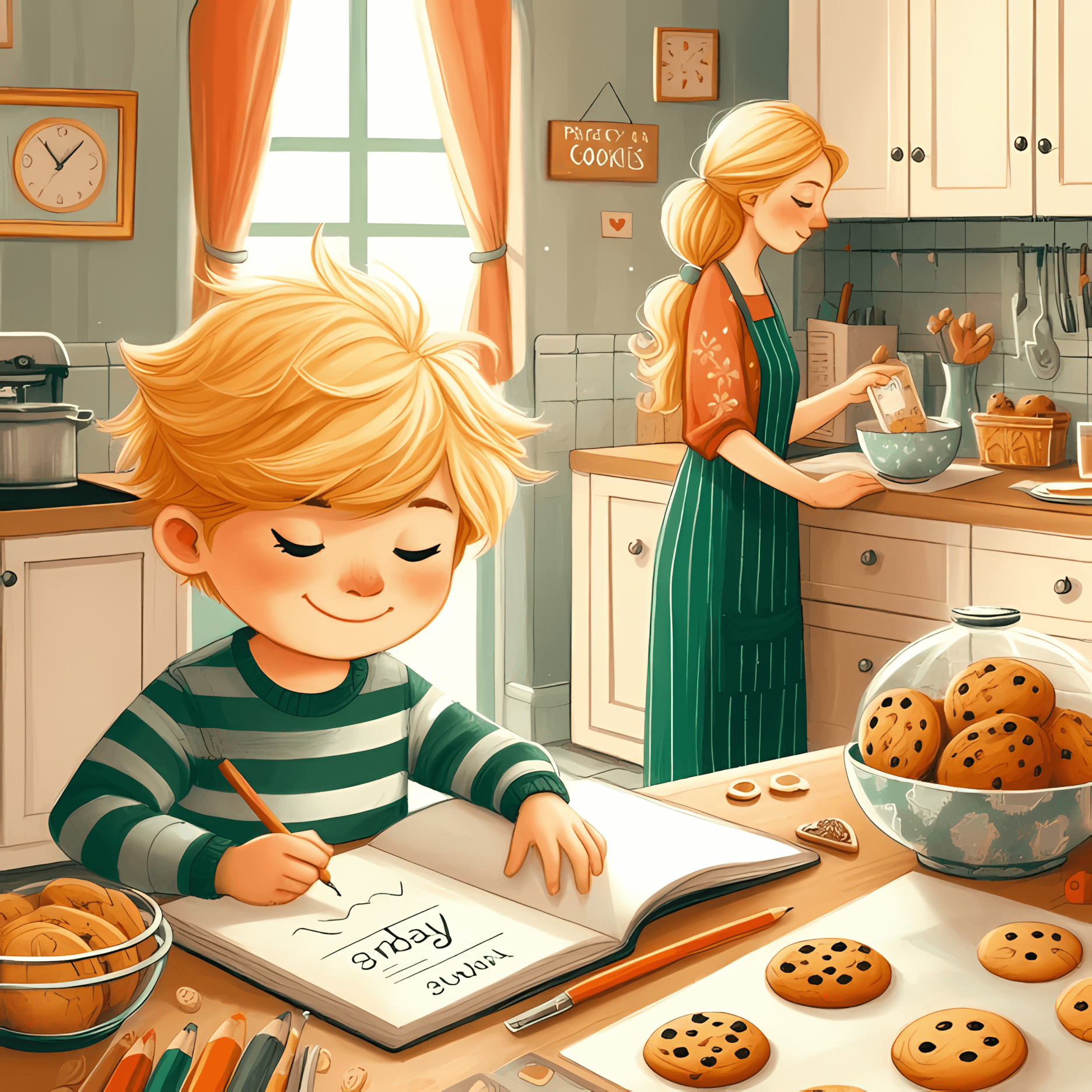 Leo drawing, reading, and baking cookies with his mom in a cozy kitchen. The aroma of cookies fills the air, creating a warm and inviting atmosphere.