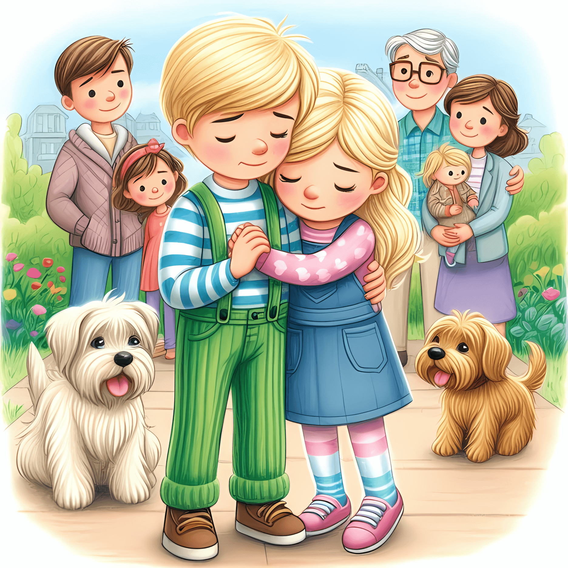 Leo and Mia hugging at the park, surrounded by their friends, family, and Buddy. Leo wears his Green Corduroy Pants, and Mia holds his hand with a bittersweet smile.