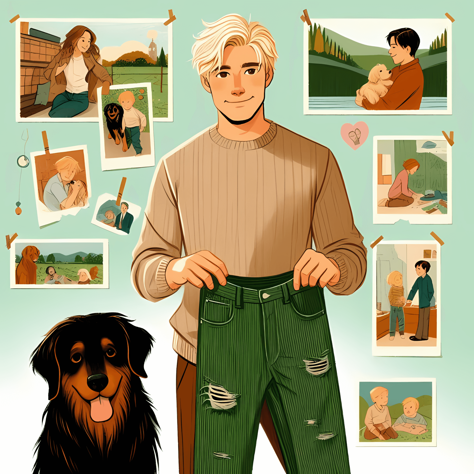 Leo as a grown-up with his black and orange dog, Little Buddy, holding the well-worn Green Corduroy Pants with a nostalgic smile, surrounded by memories of his childhood adventures.