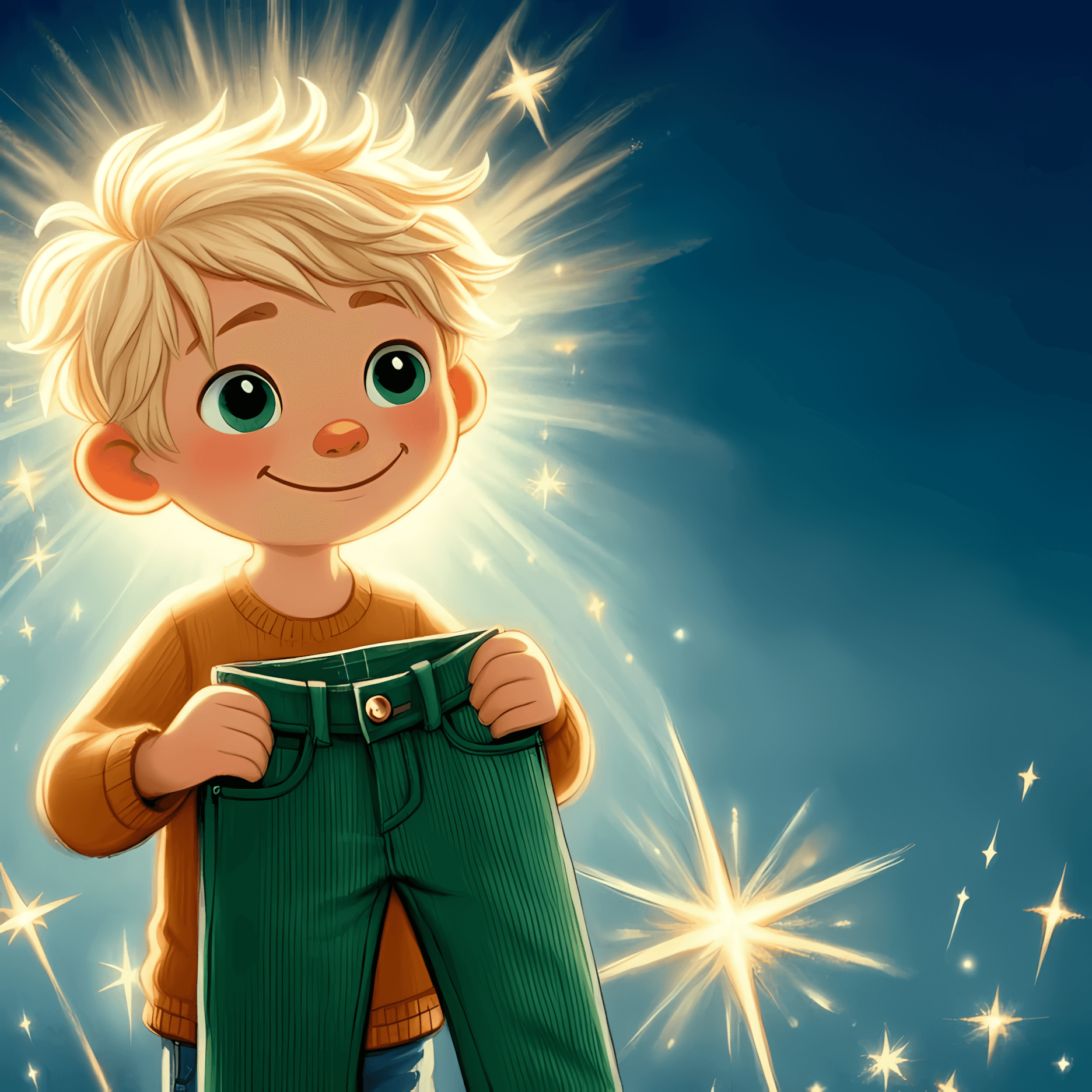 Leo smiling while wearing his Green Corduroy Pants, a magical glow around him. Buddy is nearby and ready for the day's adventure.