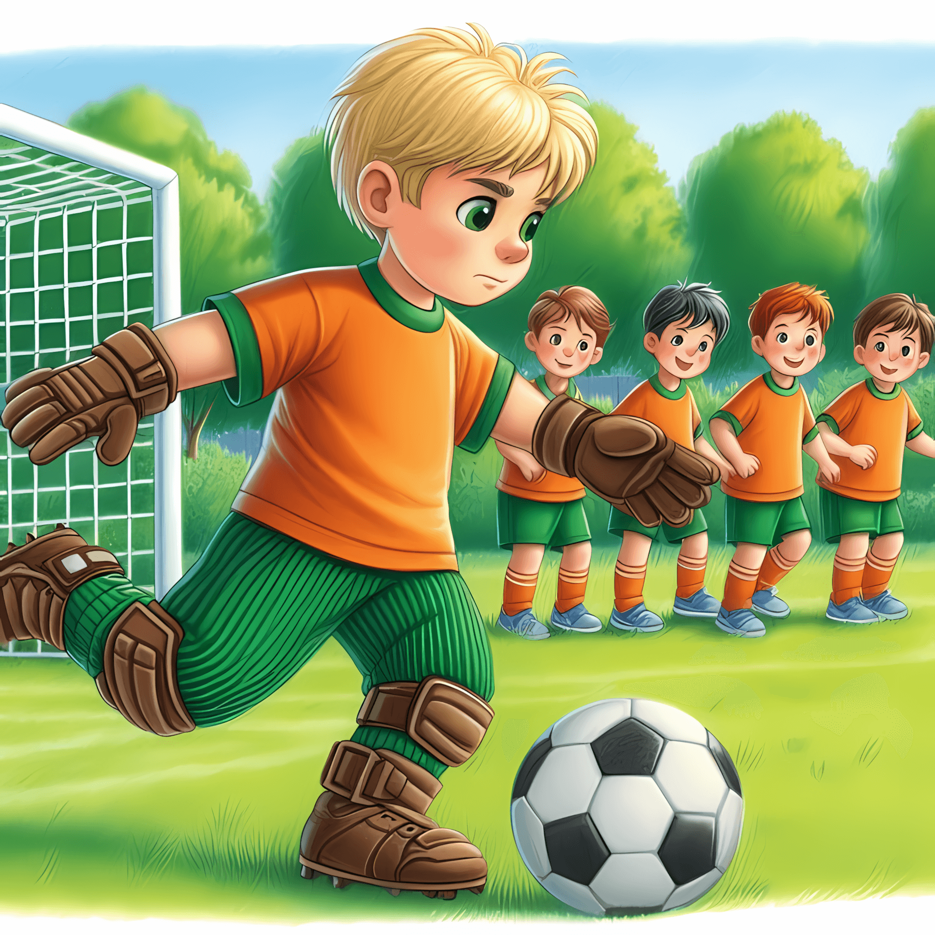 Leo in his Green Corduroy Pants, standing in front of the goal with a determined look, while his teammates cheer him on from the field.