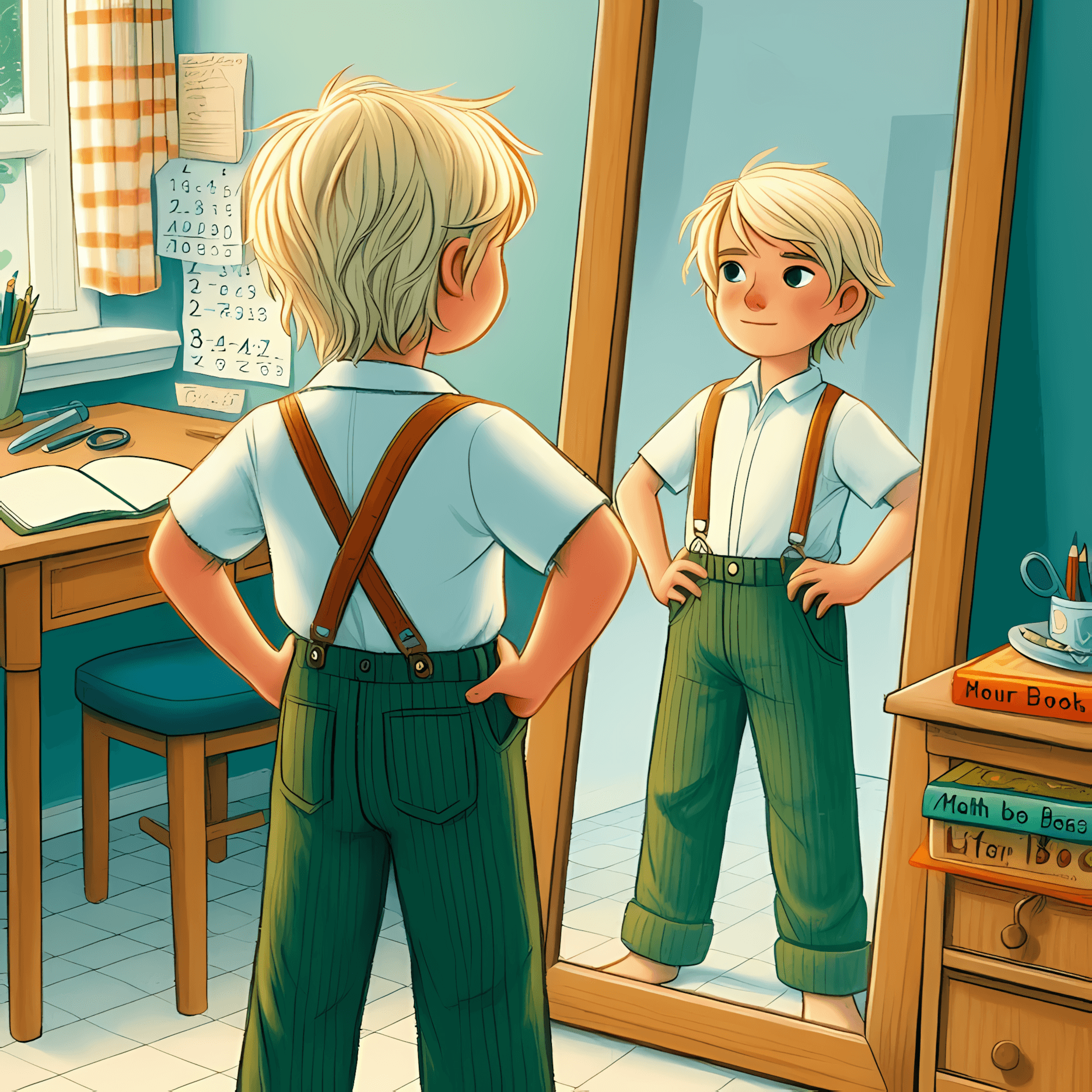 Leo looking at himself in the mirror with a determined expression after putting on his Green Corduroy Pants.